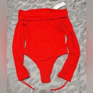 The Room By Ark & Co Red Ribbed Off Shoulder Long Sleeve Bodysuit Size Large